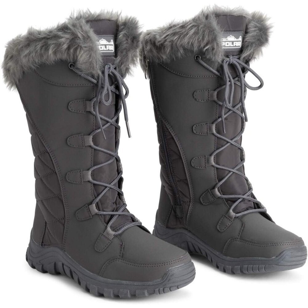 〽️Women's Gray Polar Quilted Winter Duck Boots Faux Fur Cuff Outdoor Rain Boots - Picture 7 of 9